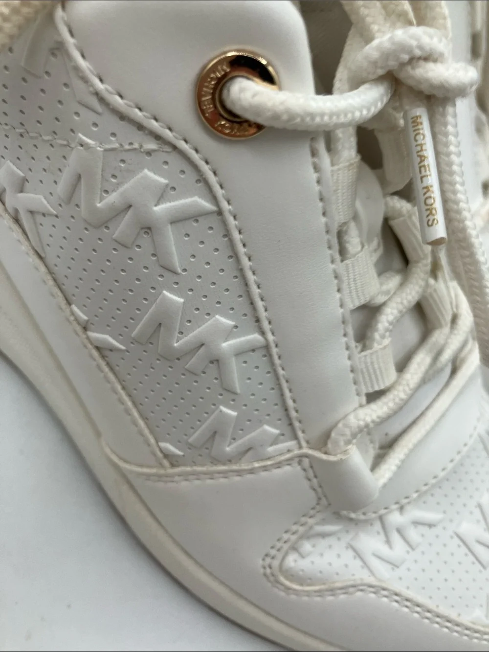 Michael Kors Cream Logo Wedge Sneakers with Gold Accents
